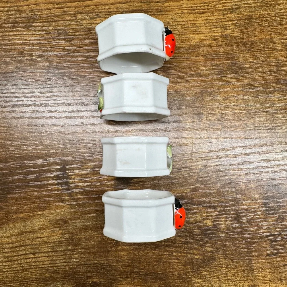 Vintage‎ Ladybug Ceramic Napkin Rings Set of 4 White Octagon Cottagecore Spring